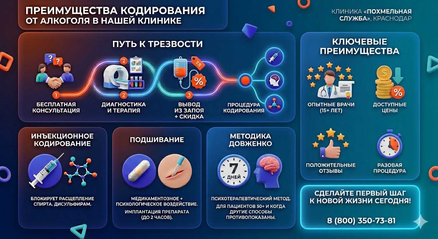 Инфографика о методах кодирования от алкоголя в Яровом: инъекции, подшивание, метод Довженко. Преимущества клиники и этапы лечения.