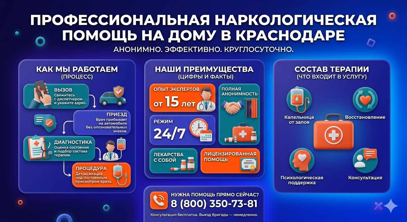 Инфографика о принципах лечения алкоголизма на дому в Яровом: этапы вызова нарколога, преимущества анонимной детоксикации и состав медицинской помощи.
